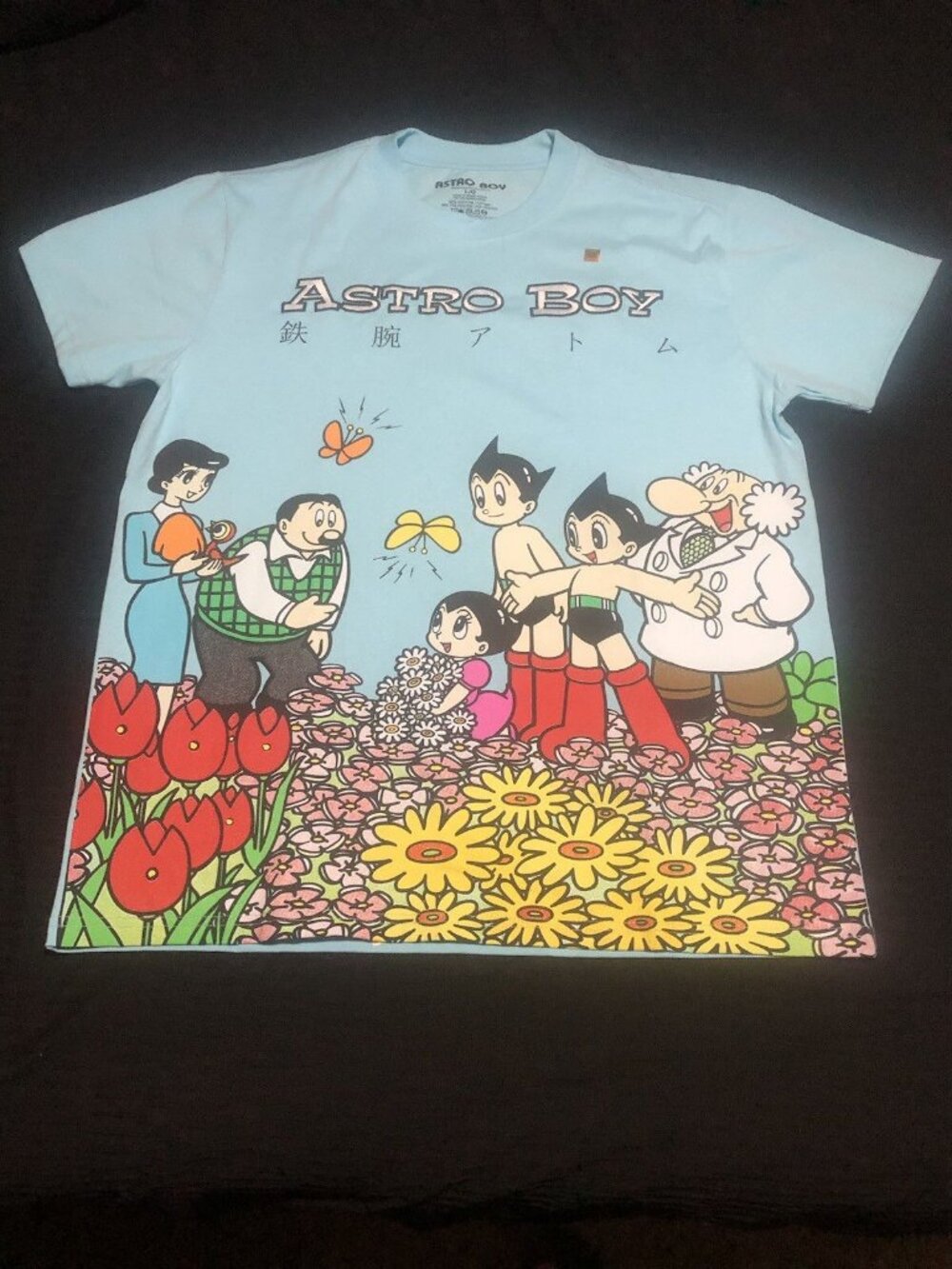 Astro Boy Flower Embroidered Light Blue Short Sleeve T-Shirt, Size Large